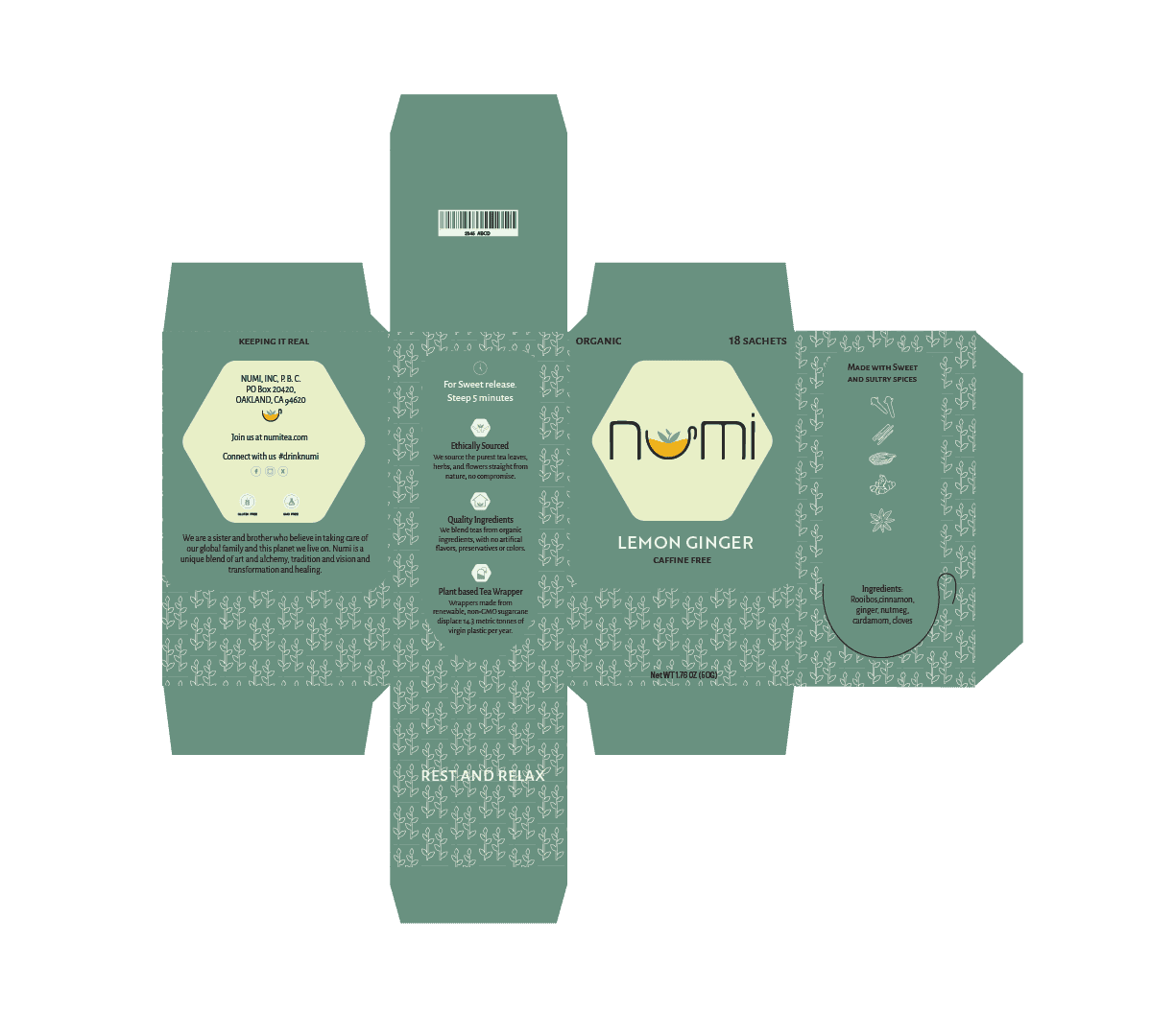 Digital concept with centered wordmark and illustrated tea leaf pattern
