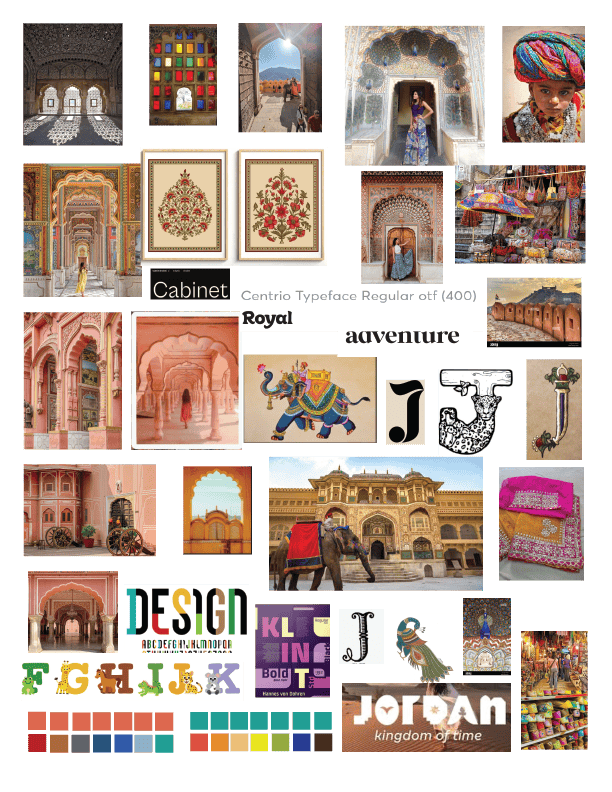 Mood board featuring warm earthy tones, typography samples, and cultural inspiration for Jaipur campaign