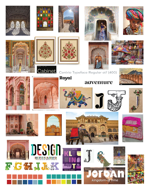 Mood board featuring warm earthy tones, typography samples, and cultural inspiration for Jaipur campaign