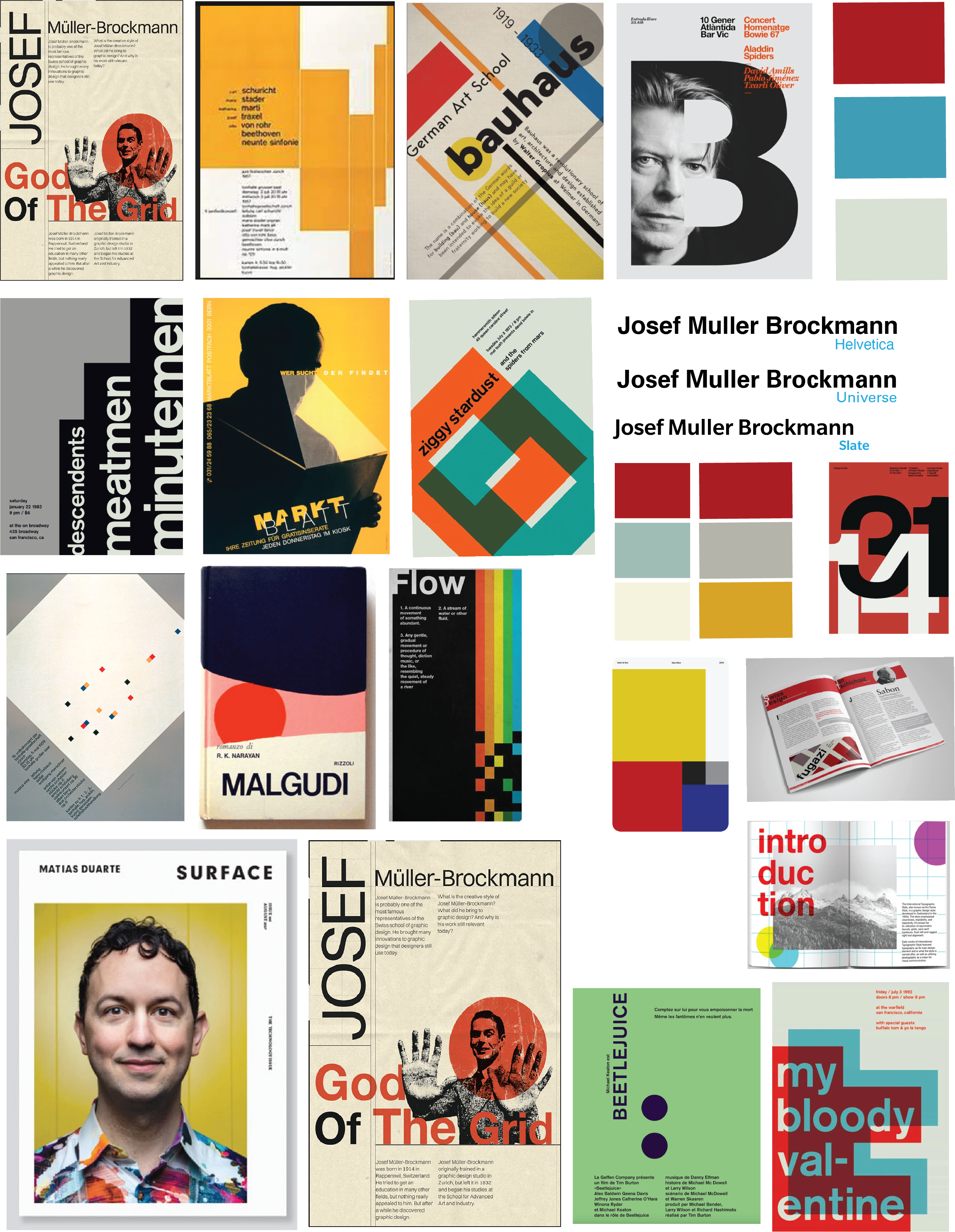 Mood board with typographic references, grid studies, and neutral color palette for JMB booklet