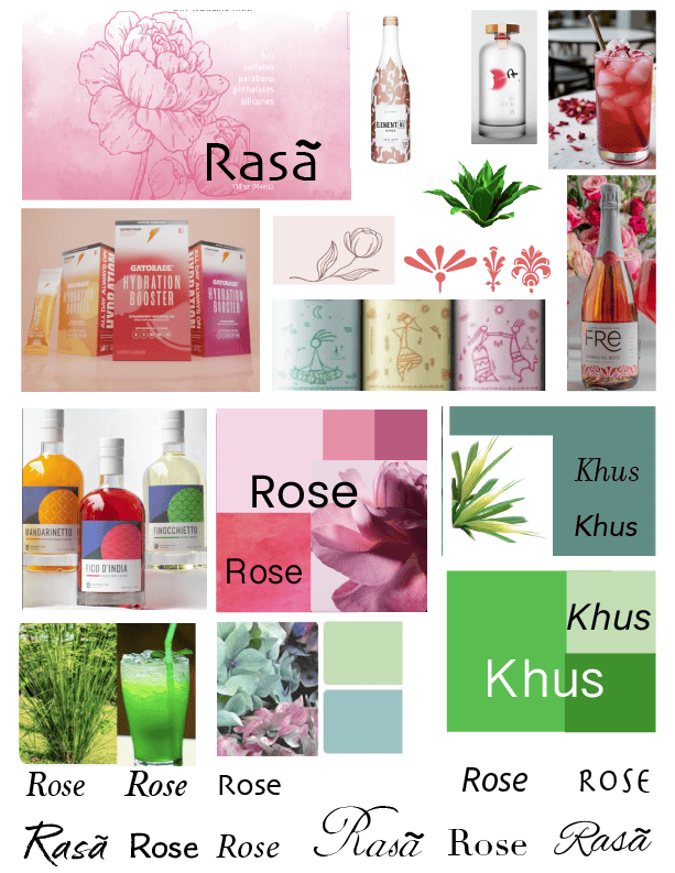 Mood board with floral motifs, spice tones, glass textures, and typographic references for Rasã